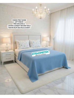 ETEHOMETEX ÇİFT KİŞİLİK %100 PAMUK HAVUZLU PİKE TAKIMI MAVİ 8696474232072